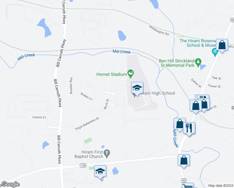 map of restaurants, bars, coffee shops, grocery stores, and more near 91 Concord Place in Hiram