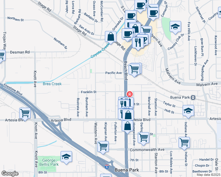 map of restaurants, bars, coffee shops, grocery stores, and more near 7601 Franklin Street in Buena Park