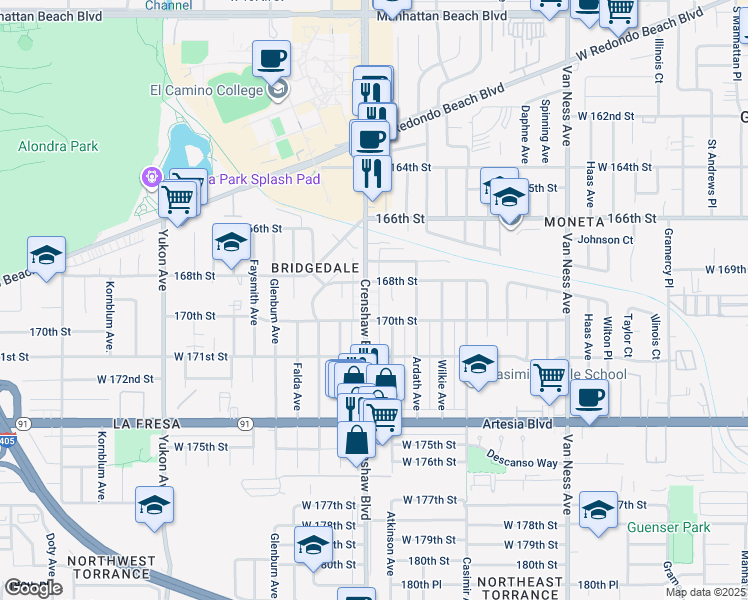 map of restaurants, bars, coffee shops, grocery stores, and more near 16900 Crenshaw Boulevard in Torrance