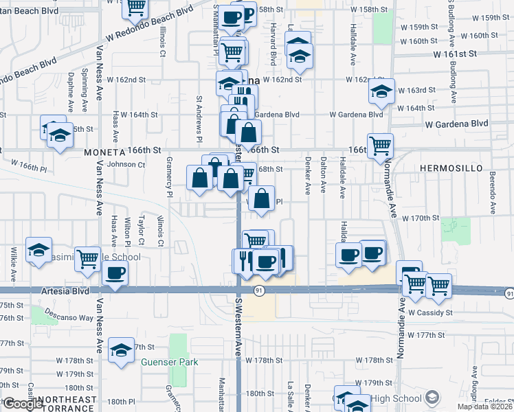 map of restaurants, bars, coffee shops, grocery stores, and more near 1732 West 169th Place in Gardena