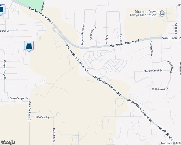 map of restaurants, bars, coffee shops, grocery stores, and more near 16672 Mockingbird Canyon Road in Riverside