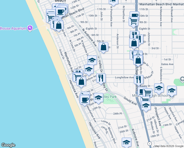 map of restaurants, bars, coffee shops, grocery stores, and more near 80 Morningside Drive in Manhattan Beach