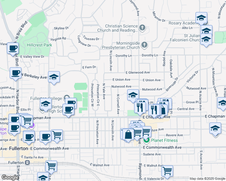 map of restaurants, bars, coffee shops, grocery stores, and more near 618 North Lincoln Avenue in Fullerton