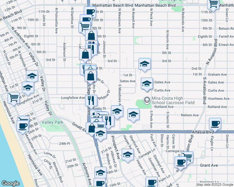 map of restaurants, bars, coffee shops, grocery stores, and more near 1200 North Meadows Avenue in Manhattan Beach