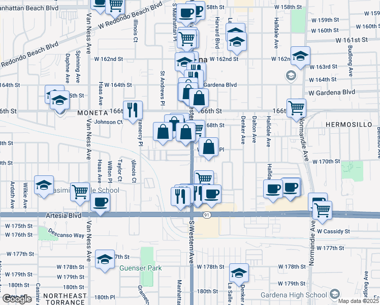 map of restaurants, bars, coffee shops, grocery stores, and more near 16949 South Western Avenue in Gardena