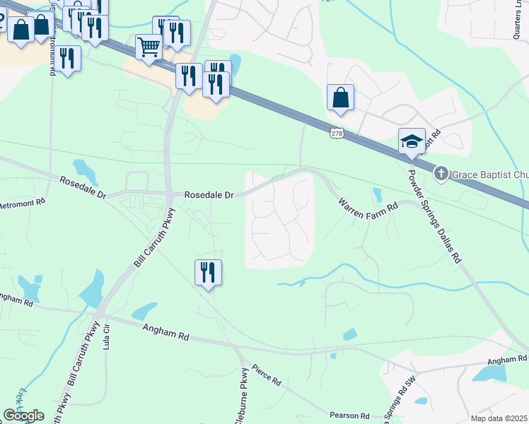 map of restaurants, bars, coffee shops, grocery stores, and more near 88 Chamberlyn Lane in Hiram