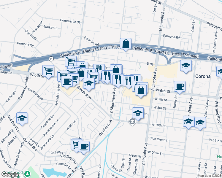 map of restaurants, bars, coffee shops, grocery stores, and more near 1252 West 6th Street in Corona