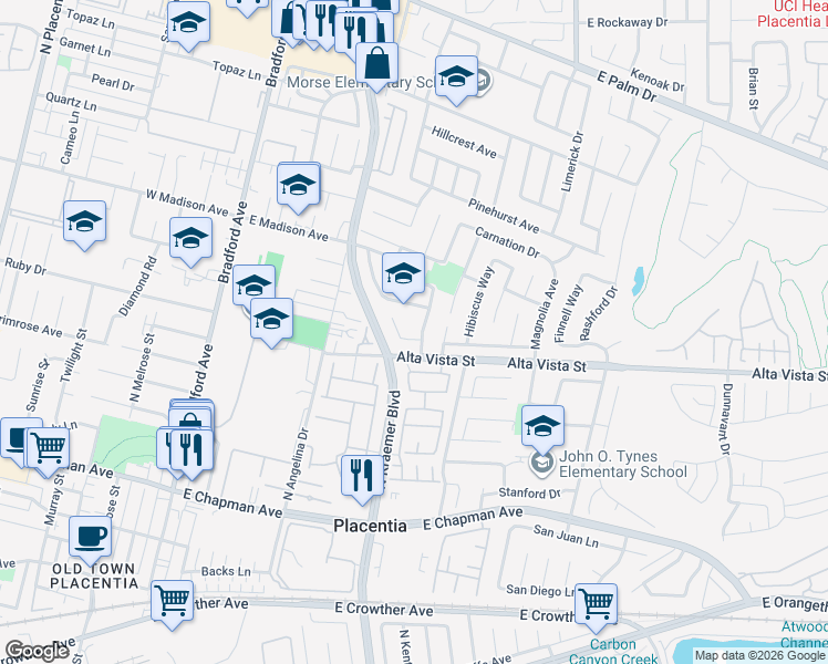 map of restaurants, bars, coffee shops, grocery stores, and more near 701 Hollyhock Lane in Placentia
