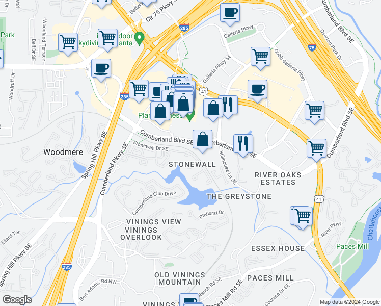 map of restaurants, bars, coffee shops, grocery stores, and more near 3506 Stonewall Place Southeast in Atlanta