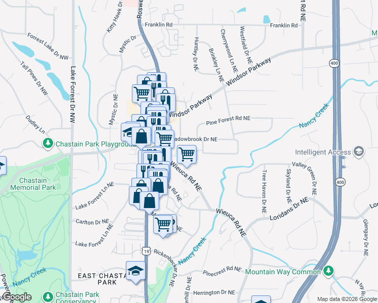 map of restaurants, bars, coffee shops, grocery stores, and more near 322 Valley Brook Way in Atlanta