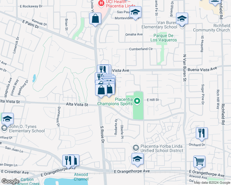 map of restaurants, bars, coffee shops, grocery stores, and more near 707 Olivier Drive in Placentia