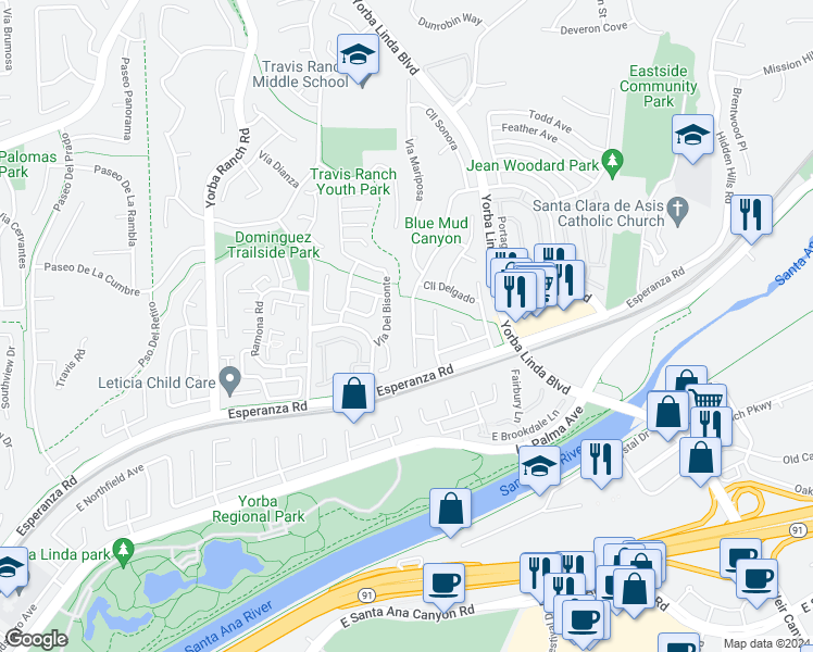 map of restaurants, bars, coffee shops, grocery stores, and more near 5985 Avenida Antigua in Yorba Linda