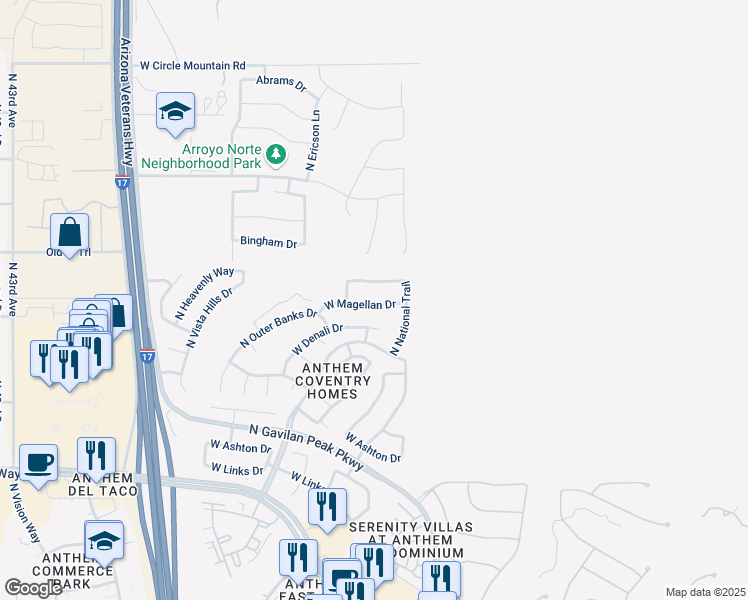 map of restaurants, bars, coffee shops, grocery stores, and more near 3550 West Magellan Drive in New River