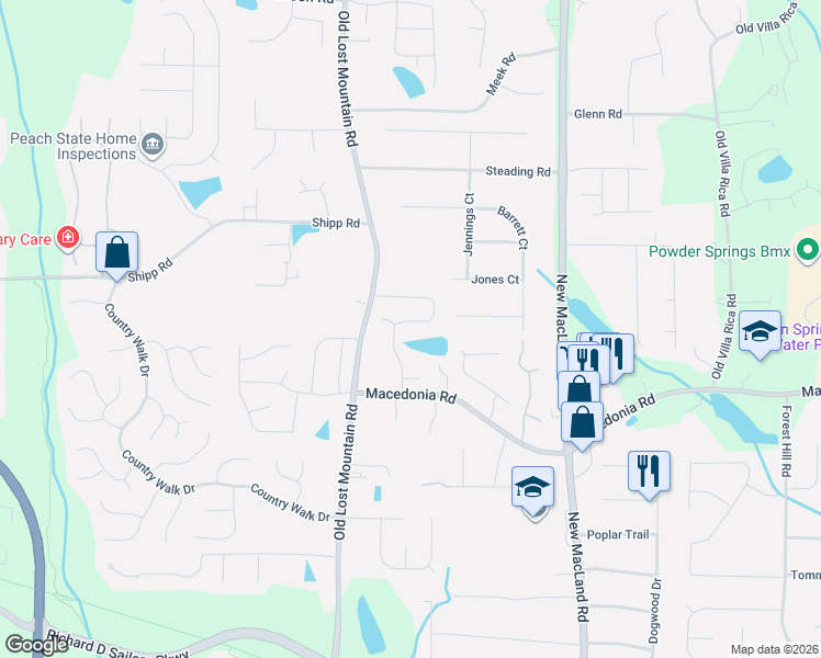 map of restaurants, bars, coffee shops, grocery stores, and more near 3131 Old Lost Mountain Road in Powder Springs