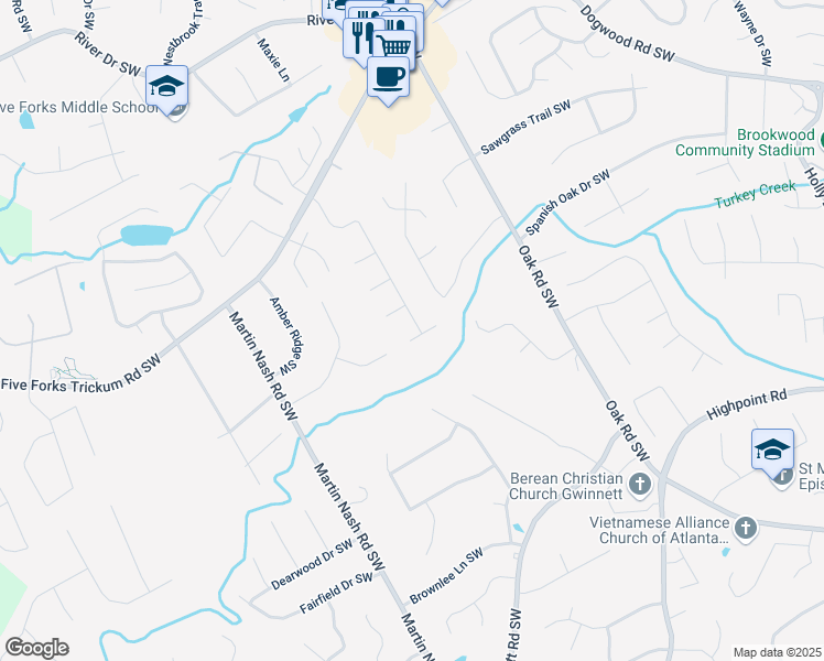 map of restaurants, bars, coffee shops, grocery stores, and more near 3147 Pine Needle Court Southwest in Lilburn