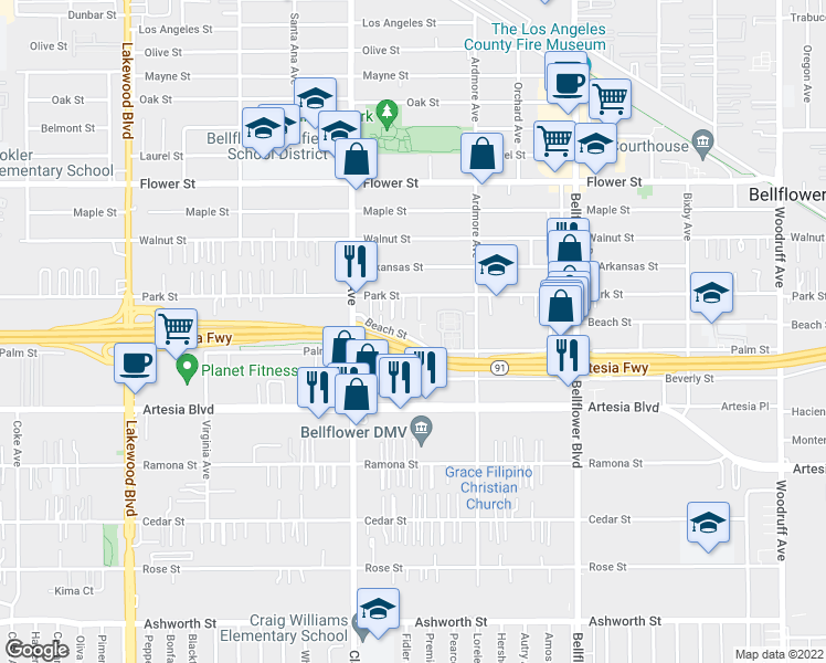 map of restaurants, bars, coffee shops, grocery stores, and more near 9501 Beach Street in Bellflower