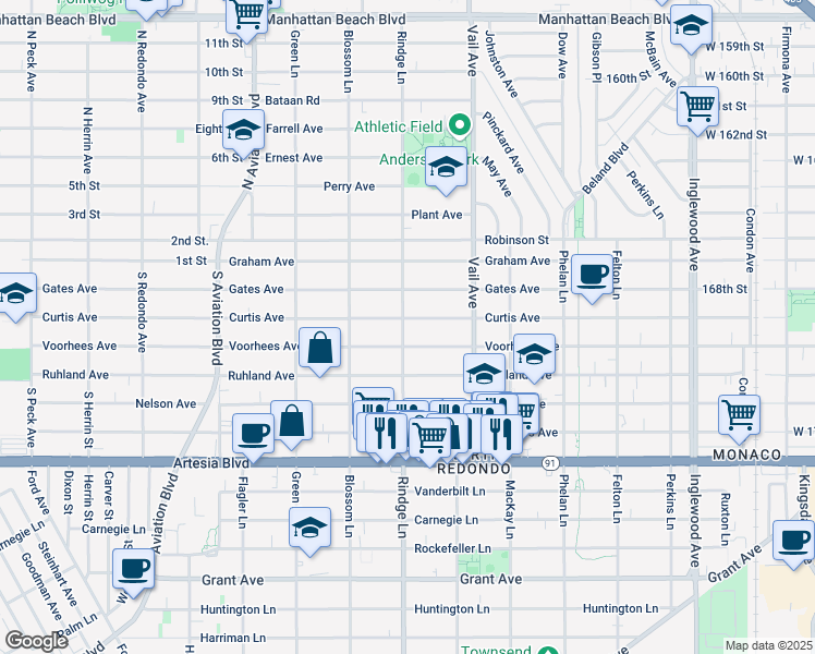 map of restaurants, bars, coffee shops, grocery stores, and more near 2200 Curtis Ave in Redondo Beach