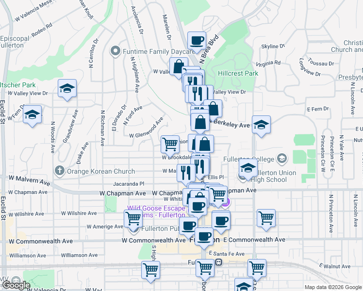 map of restaurants, bars, coffee shops, grocery stores, and more near 136 West Union Avenue in Fullerton
