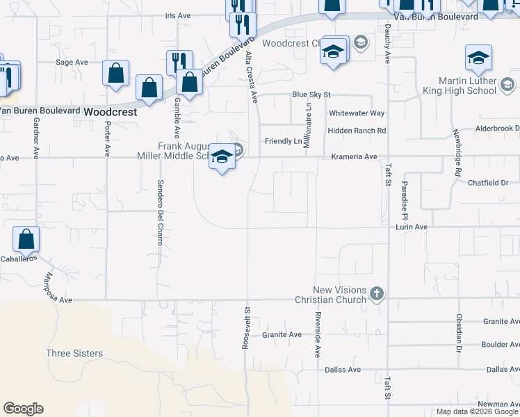 map of restaurants, bars, coffee shops, grocery stores, and more near 18064 Lurin Avenue in Riverside