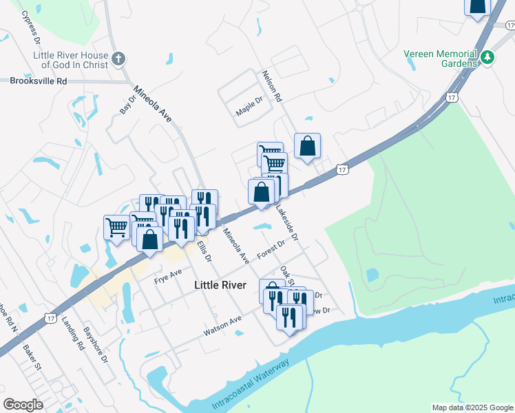 map of restaurants, bars, coffee shops, grocery stores, and more near U.S. 17 & Lakeside Drive in Little River