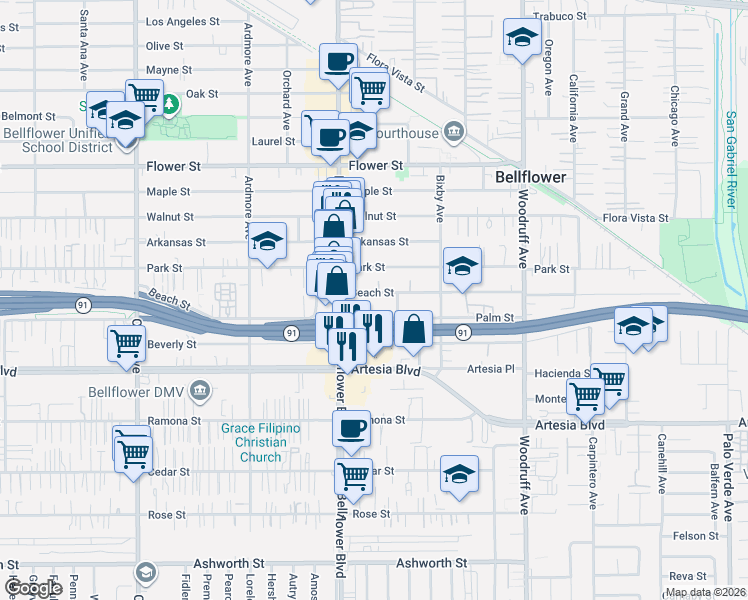 map of restaurants, bars, coffee shops, grocery stores, and more near 9845 1/2 Beach Street in Bellflower