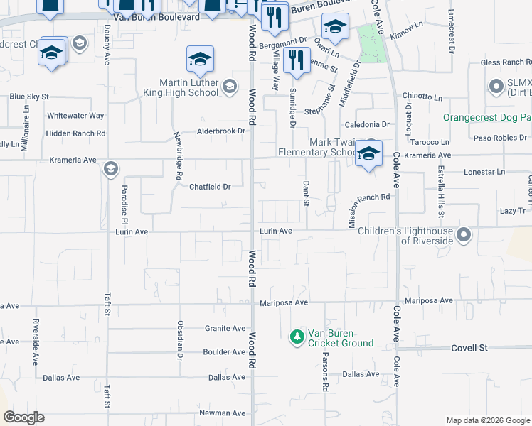 map of restaurants, bars, coffee shops, grocery stores, and more near 9566 Silverstein Drive in Riverside