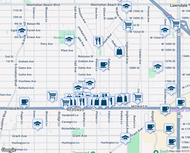 map of restaurants, bars, coffee shops, grocery stores, and more near 2422 Curtis Avenue in Redondo Beach