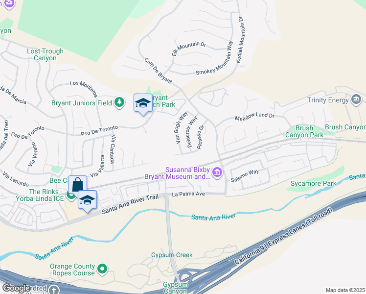 map of restaurants, bars, coffee shops, grocery stores, and more near 5680 Van Gogh Way in Yorba Linda