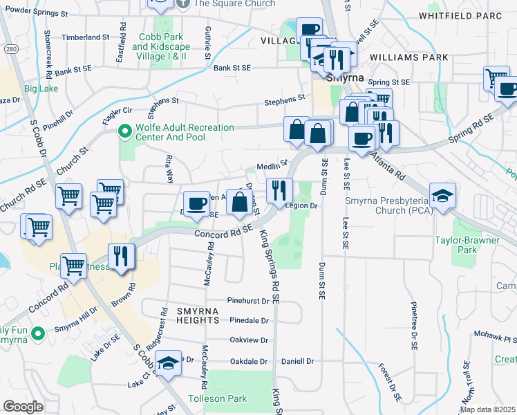 map of restaurants, bars, coffee shops, grocery stores, and more near 3133 Dunton Street in Smyrna