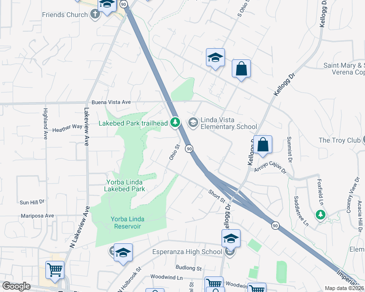 map of restaurants, bars, coffee shops, grocery stores, and more near 5782 Ohio Street in Yorba Linda