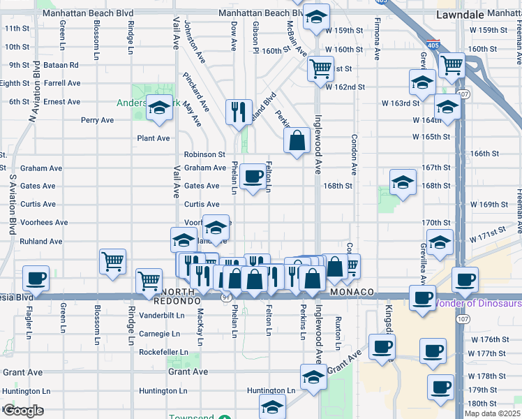 map of restaurants, bars, coffee shops, grocery stores, and more near 2518 Curtis Avenue in Redondo Beach