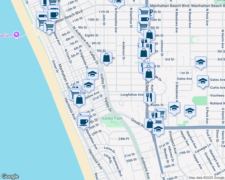 map of restaurants, bars, coffee shops, grocery stores, and more near 816 Duncan Avenue in Manhattan Beach