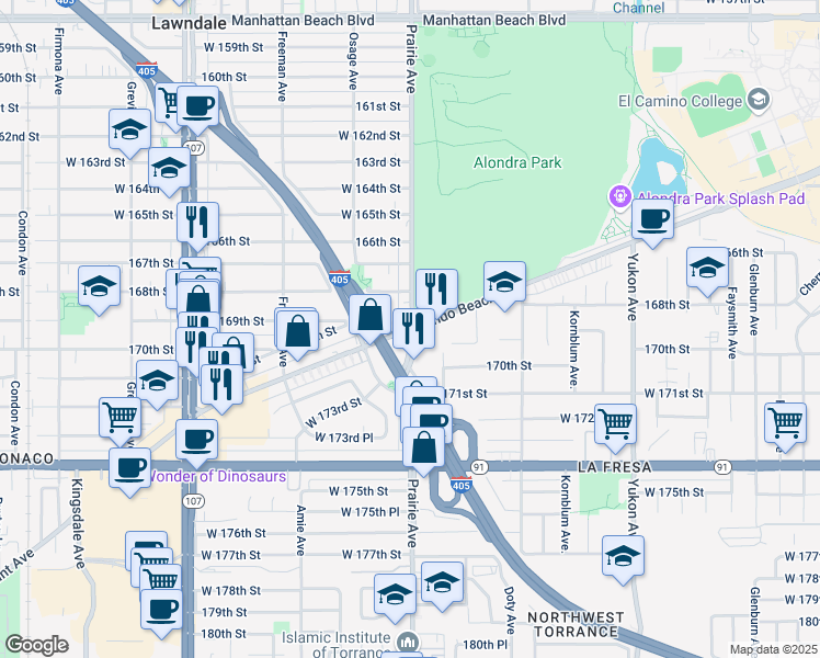 map of restaurants, bars, coffee shops, grocery stores, and more near Prairie Ave & Redondo Beach Blvd in Lawndale