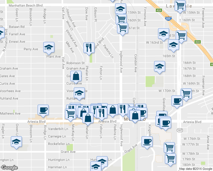 map of restaurants, bars, coffee shops, grocery stores, and more near 2608 Curtis Avenue in Redondo Beach