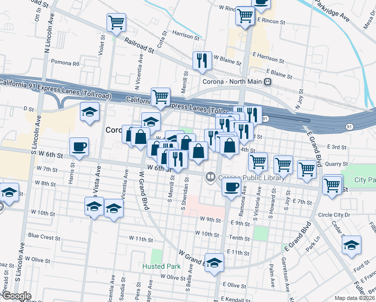 map of restaurants, bars, coffee shops, grocery stores, and more near 414 South Sheridan Street in Corona
