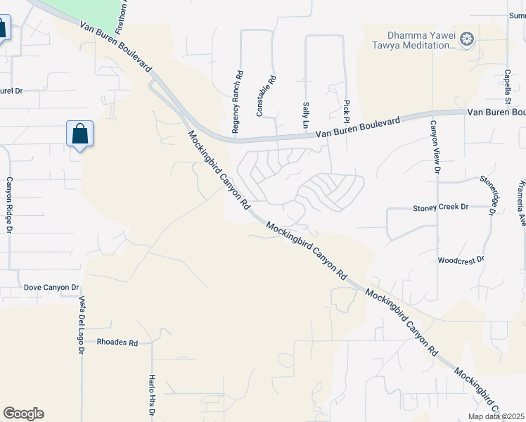 map of restaurants, bars, coffee shops, grocery stores, and more near 16672 Mockingbird Canyon Road in Riverside