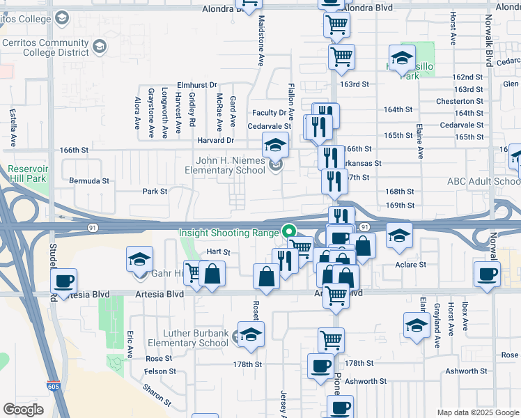 map of restaurants, bars, coffee shops, grocery stores, and more near 11544 168th Street in Artesia
