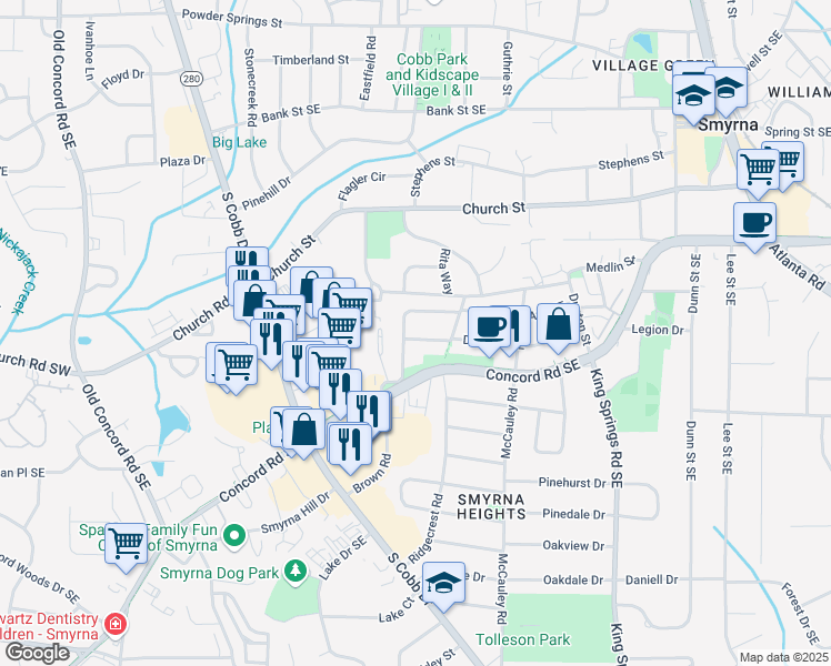 map of restaurants, bars, coffee shops, grocery stores, and more near 933 Dell Avenue Southeast in Smyrna