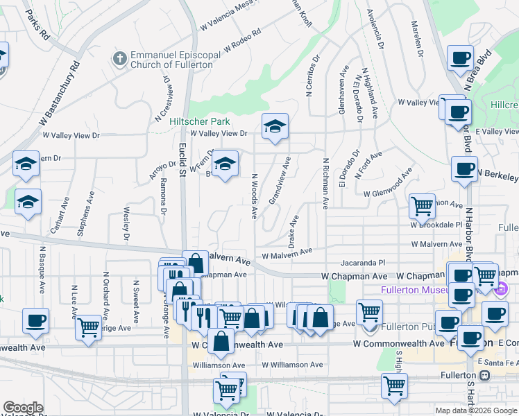 map of restaurants, bars, coffee shops, grocery stores, and more near 668 North Woods Avenue in Fullerton