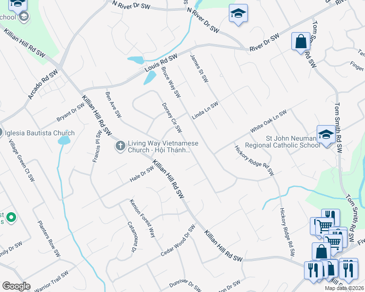 map of restaurants, bars, coffee shops, grocery stores, and more near 567 Dorsey Cir SW in Lilburn