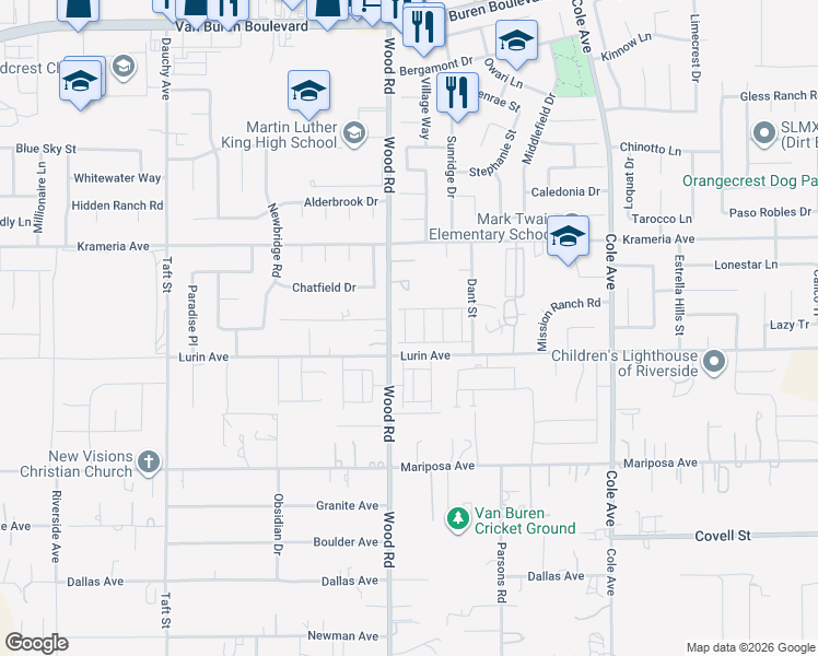 map of restaurants, bars, coffee shops, grocery stores, and more near 19000-19198 Lurin Avenue in Riverside