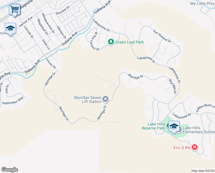 map of restaurants, bars, coffee shops, grocery stores, and more near 16689 South Peak Court in Riverside