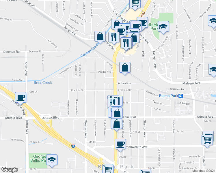 map of restaurants, bars, coffee shops, grocery stores, and more near 5691 Beach Boulevard in Buena Park