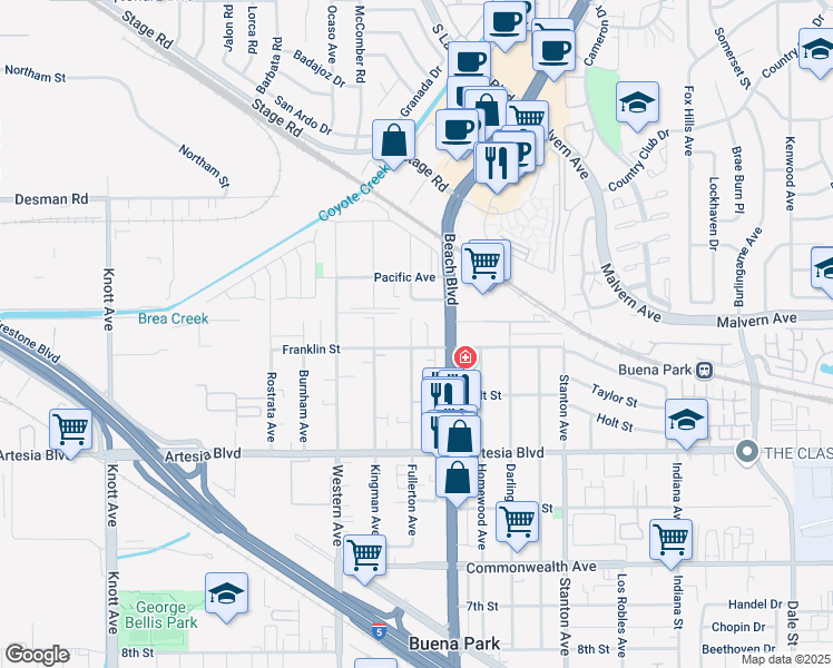 map of restaurants, bars, coffee shops, grocery stores, and more near 5691 Beach Boulevard in Buena Park