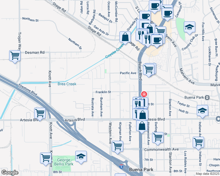 map of restaurants, bars, coffee shops, grocery stores, and more near 7551 Franklin Street in Buena Park
