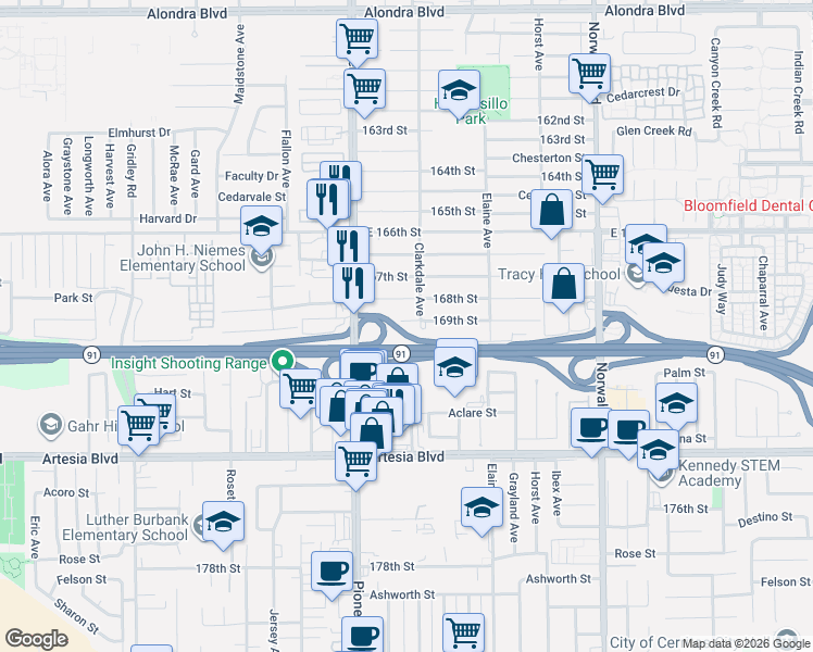 map of restaurants, bars, coffee shops, grocery stores, and more near 11869 169th Street in Artesia