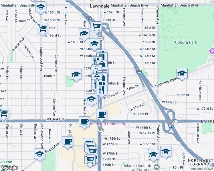 map of restaurants, bars, coffee shops, grocery stores, and more near 4332 West 169th Street in Lawndale