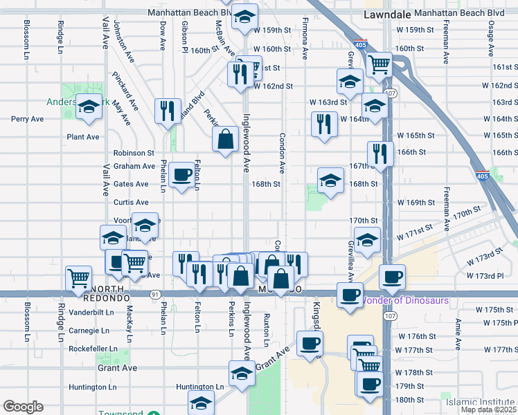 map of restaurants, bars, coffee shops, grocery stores, and more near 4742 169th Street in Lawndale