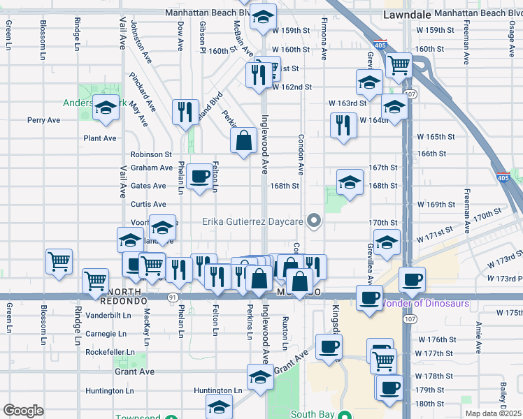 map of restaurants, bars, coffee shops, grocery stores, and more near 2700 Curtis Avenue in Redondo Beach