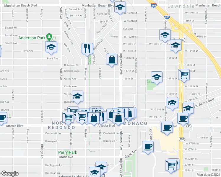 map of restaurants, bars, coffee shops, grocery stores, and more near 2608 Curtis Avenue in Redondo Beach